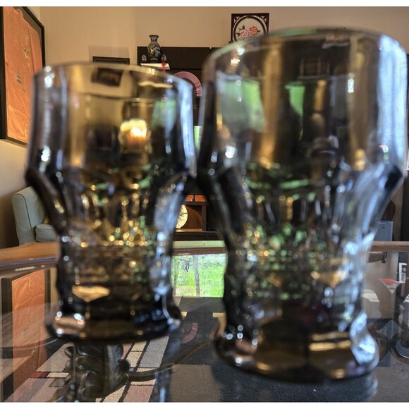 Vtg Set 2 Anchor Hocking Black Smoke Georgian Honeycomb Glasses Tumbler Lowball - Picture 1 of 6